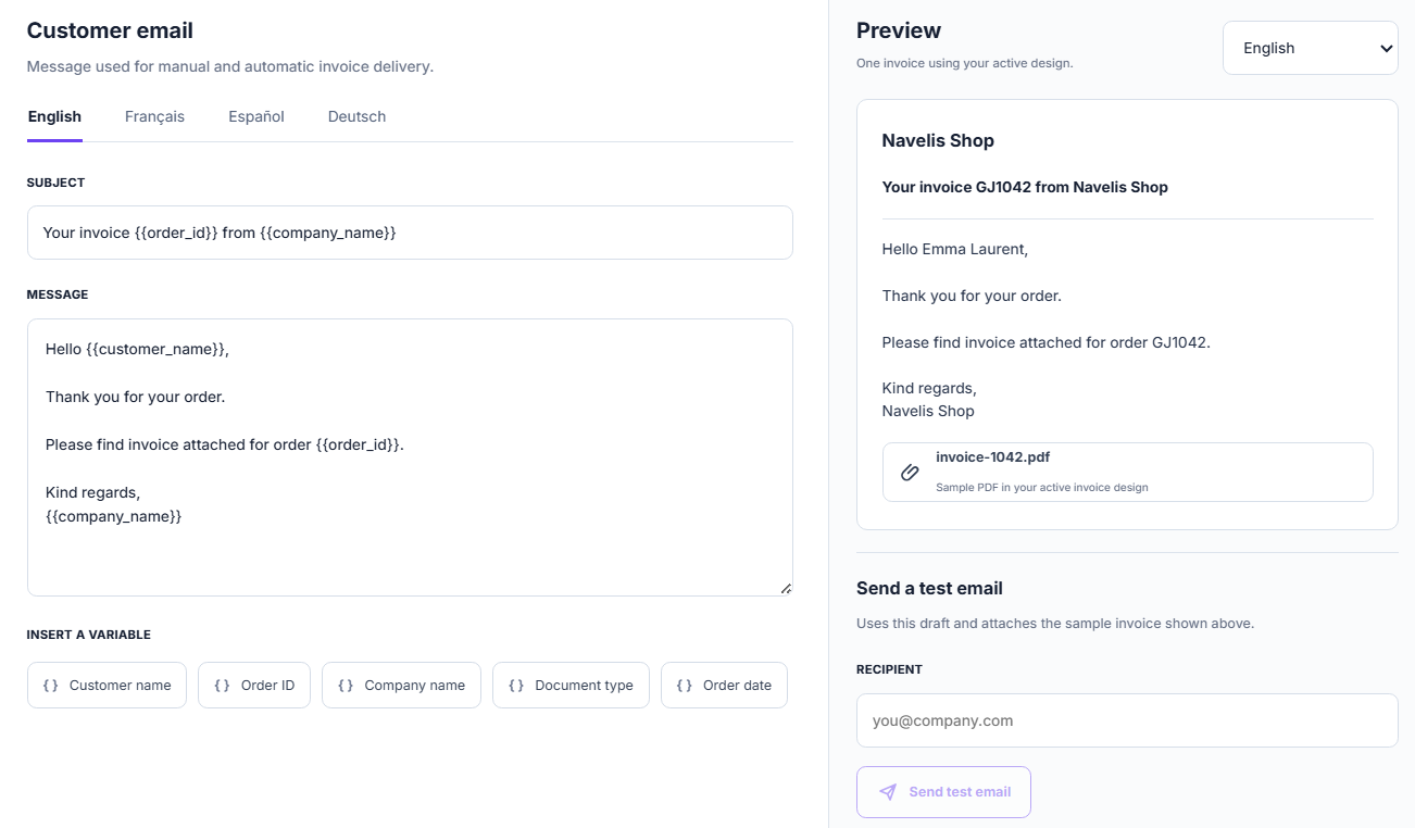 Navelis Invoice multilingual email editor and preview