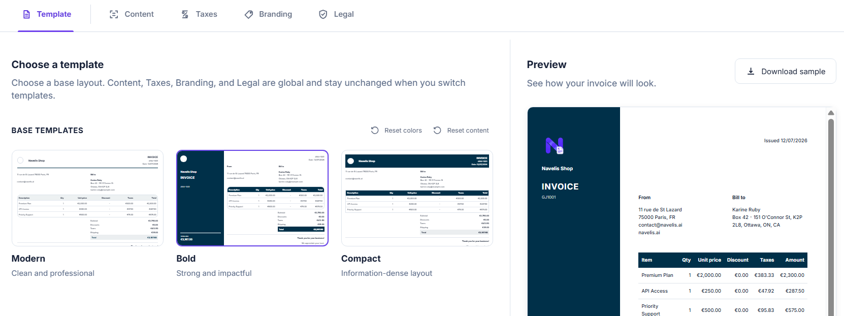 Navelis Invoice template editor and live invoice preview